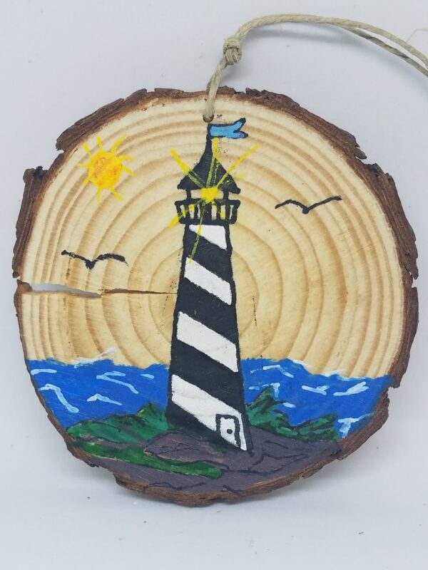 Black and White Striped Lighthouse on Coast Wood Ornament