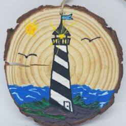 Black and White Striped Lighthouse on Coast Wood Ornament