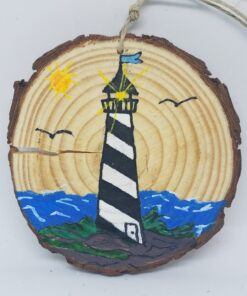 Black and White Striped Lighthouse on Coast Wood Ornament
