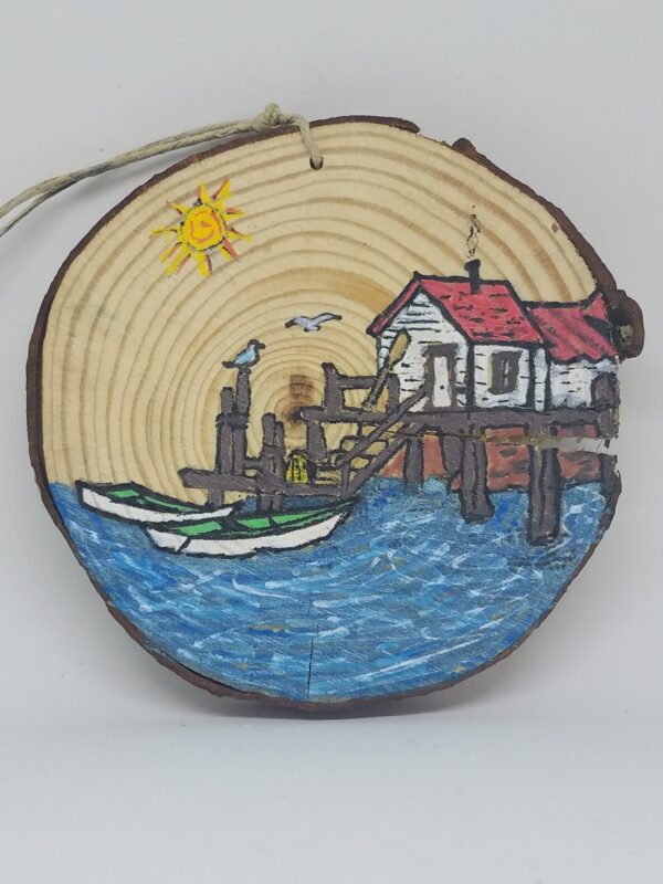 Boats at Pier Wood Ornament