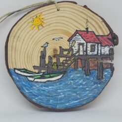 Boats at Pier Wood Ornament