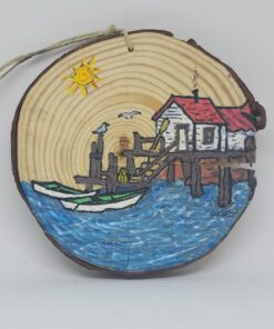 Boats at Pier Wood Ornament