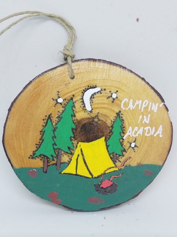 Camping Tent with Fire Moon and Trees Wood Ornament