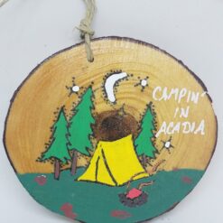 Camping Tent with Fire Moon and Trees Wood Ornament