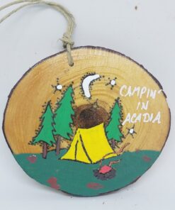 Camping Tent with Fire Moon and Trees Wood Ornament