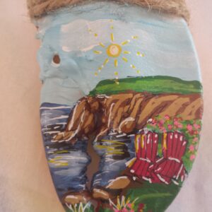 Coastal Scene with Red Adirondack Chairs on a Grassy Rose Knoll Lobster Claw Ornament