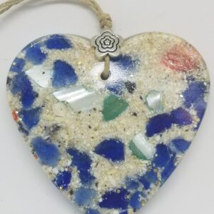 Heart with Crushed Clam Shell and Blue Sea Glass Ornament