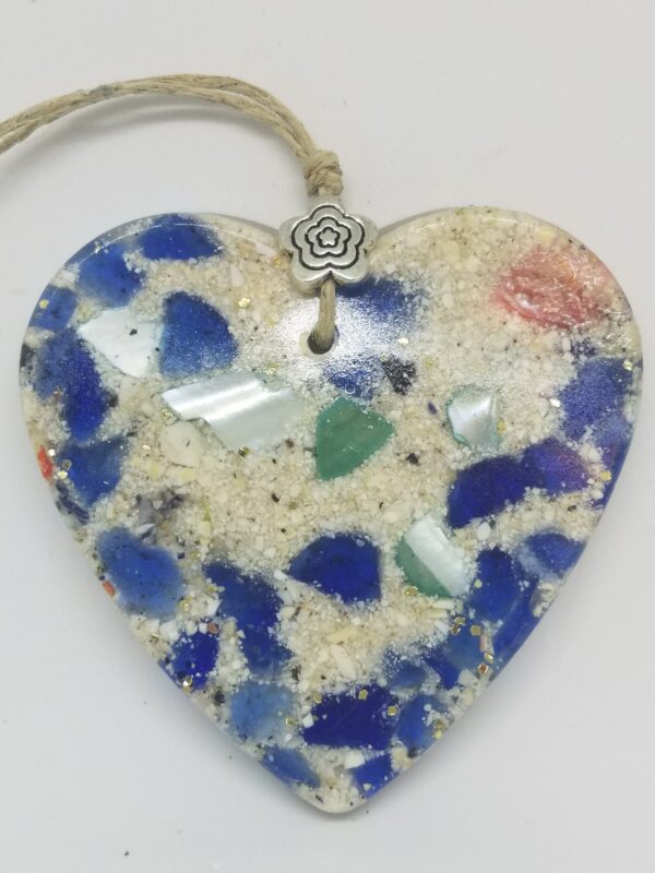 Heart with Crushed Clam Shell and Blue Sea Glass Ornament