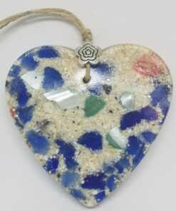 Heart with Crushed Clam Shell and Blue Sea Glass Ornament