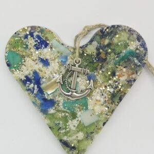 Heart with Crushed Clam Shell and Blue and Green Sea Glass Ornament