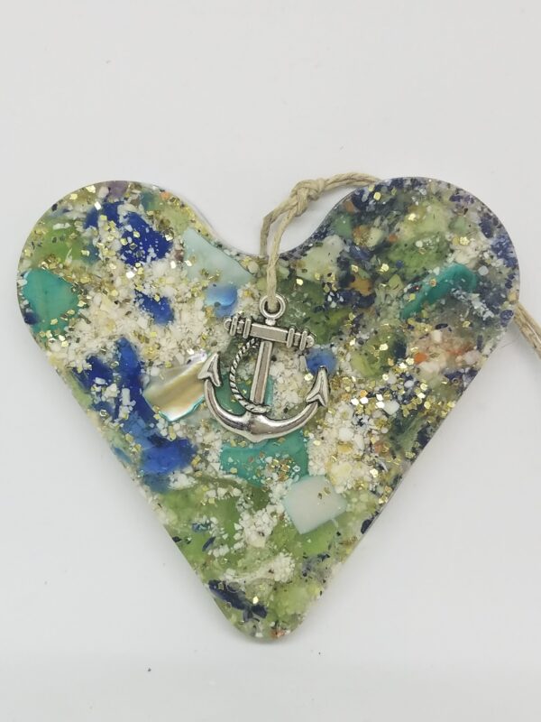 Heart with Crushed Clam Shell and Blue and Green Sea Glass Ornament