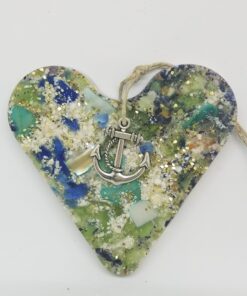 Heart with Crushed Clam Shell and Blue and Green Sea Glass Ornament