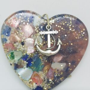 Heart with Crushed Clam and Abalone Shell and Blue and Green Sea Glass Ornament