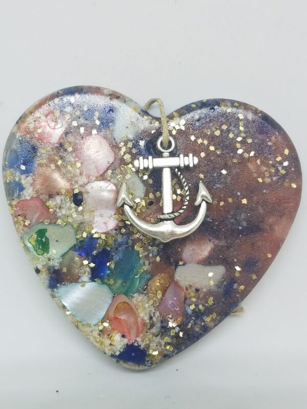 Heart with Crushed Clam and Abalone Shell and Blue and Green Sea Glass Ornament