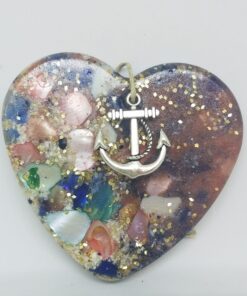Heart with Crushed Clam and Abalone Shell and Blue and Green Sea Glass Ornament