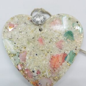Heart with Crushed Clam and Pink Abalone Shell and Blue Sea Glass Ornament