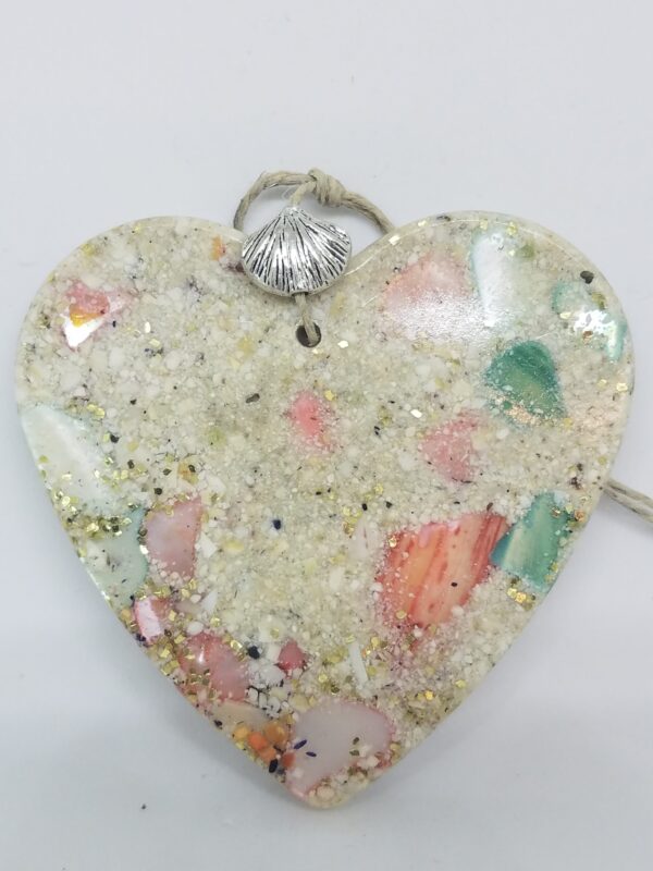Heart with Crushed Clam and Pink Abalone Shell and Blue Sea Glass Ornament