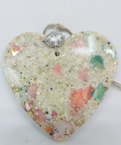 Heart with Crushed Clam and Pink Abalone Shell and Blue Sea Glass Ornament