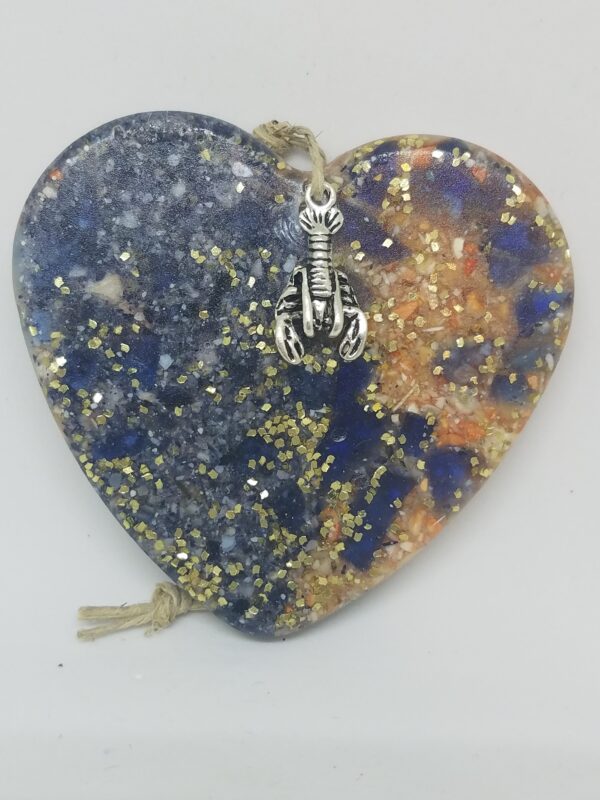 Heart with Crushed Mussel and Lobster Shell and Blue Sea Glass Ornament