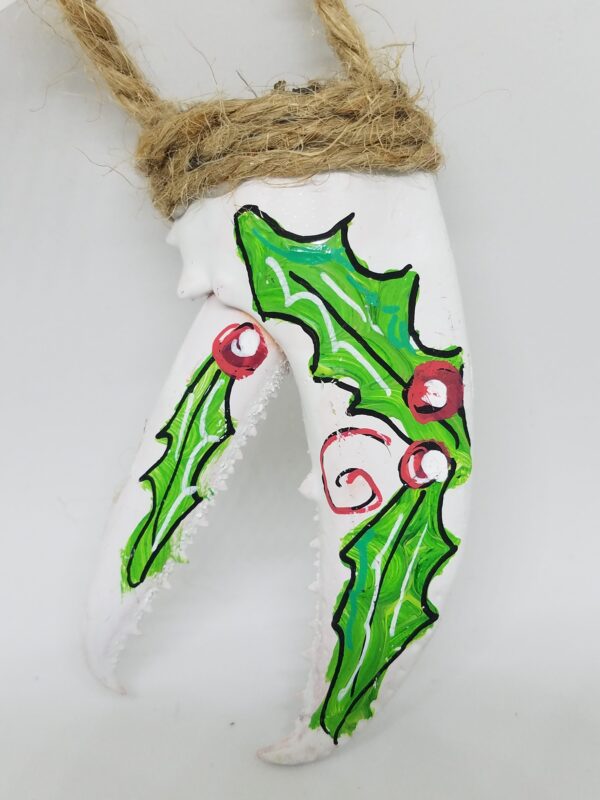 Holly on White Painted Lobster Claw Ornament