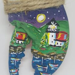Lighthouse and Cottage with Boats in Water Evening Painted Lobster Claw Ornament