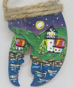 Lighthouse and Cottage with Boats in Water Evening Painted Lobster Claw Ornament
