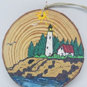 Lighthouse on Coast with Mountains Wood Ornament
