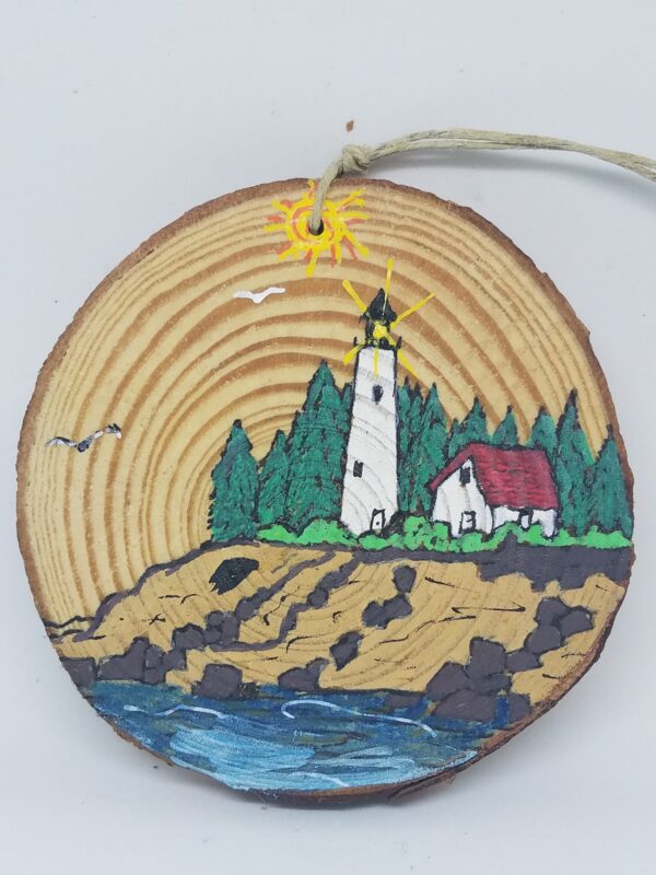 Lighthouse on Coast with Mountains Wood Ornament