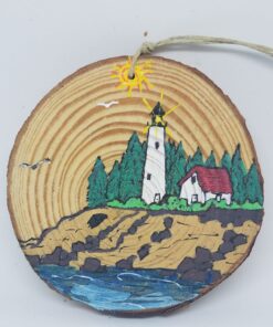 Lighthouse on Coast with Mountains Wood Ornament