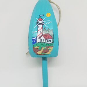Red and White Striped Lighthouse on Blue Buoy Ornament