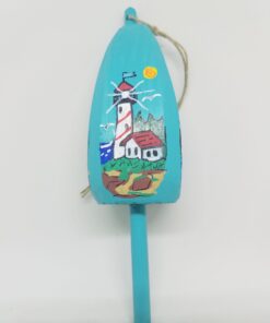 Red and White Striped Lighthouse on Blue Buoy Ornament