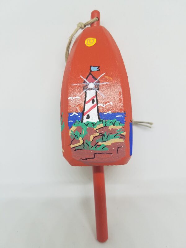 Red and White Striped Lighthouse on Orange Buoy Ornament