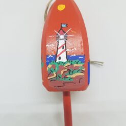 Red and White Striped Lighthouse on Orange Buoy Ornament