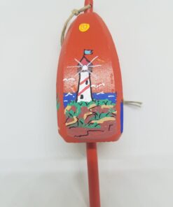 Red and White Striped Lighthouse on Orange Buoy Ornament