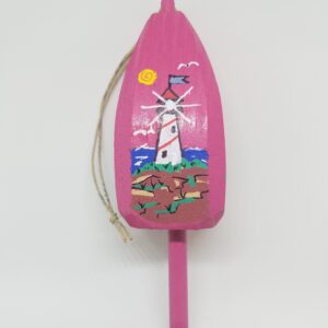 Red and White Striped Lighthouse on Pink Buoy Ornament