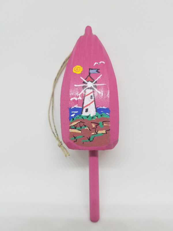 Red and White Striped Lighthouse on Pink Buoy Ornament