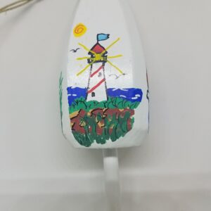 Red and White Striped Lighthouse on White Buoy Ornament