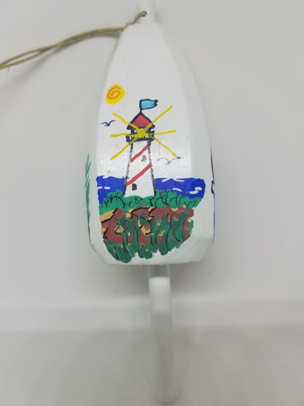 Red and White Striped Lighthouse on White Buoy Ornament