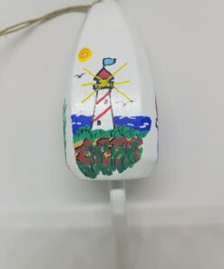 Red and White Striped Lighthouse on White Buoy Ornament