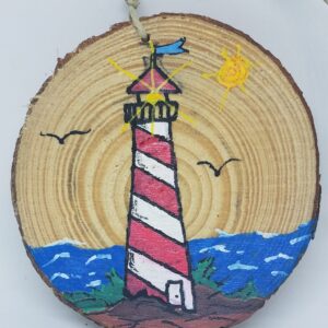 Red and White Striped Lighthouse on Wood Ornament