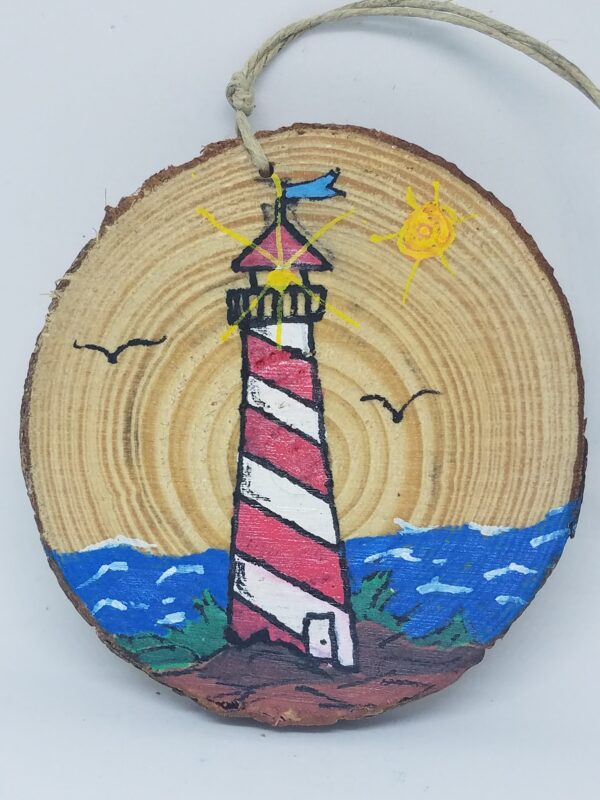 Red and White Striped Lighthouse on Wood Ornament