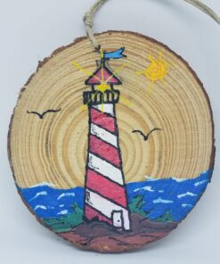 Red and White Striped Lighthouse on Wood Ornament