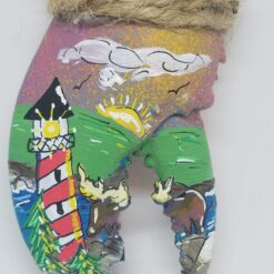 Red and White Striped Lighthouse with Moose on Hand Painted Lobster Claw Ornament