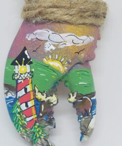 Red and White Striped Lighthouse with Moose on Hand Painted Lobster Claw Ornament
