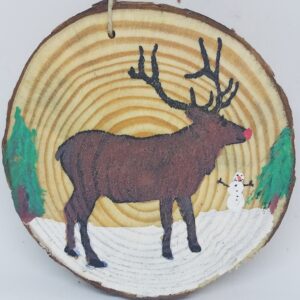 Rudolph Red Nosed Reindeer with Snowman Wood Ornament