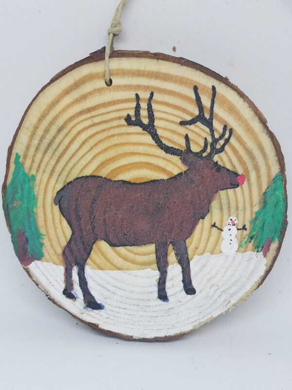 Rudolph Red Nosed Reindeer with Snowman Wood Ornament