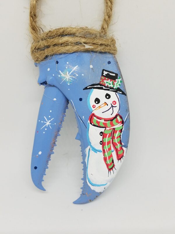 Snowman on Blue Painted Lobster Claw Ornament