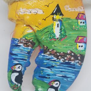 White Lighthouse with Cottages and Puffins Painted Lobster Claw Ornament