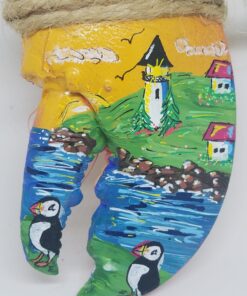 White Lighthouse with Cottages and Puffins Painted Lobster Claw Ornament