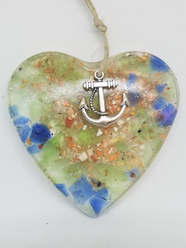 Crushed Lobster with Green and Blue Sea Glass Heart Ornament